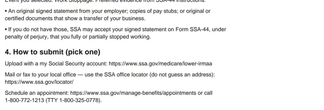 Situation-specific evidence checklist excerpt from a fictional Check IRMAA packet