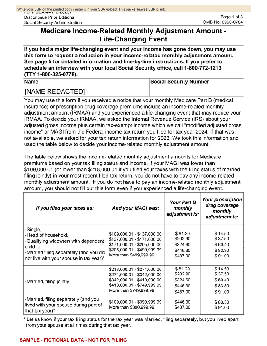 Sample SSA-44 page; fictional information, not for filing
