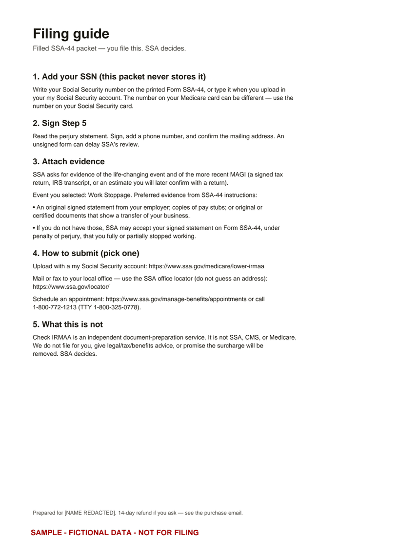 Sample filing guide with supporting evidence checklist and submission instructions