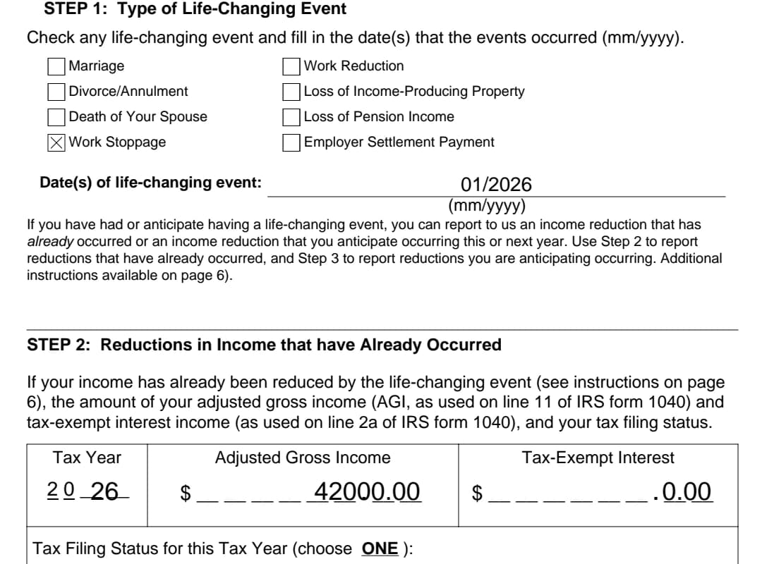 Prepared SSA-44 paperwork excerpt from a fictional Check IRMAA packet