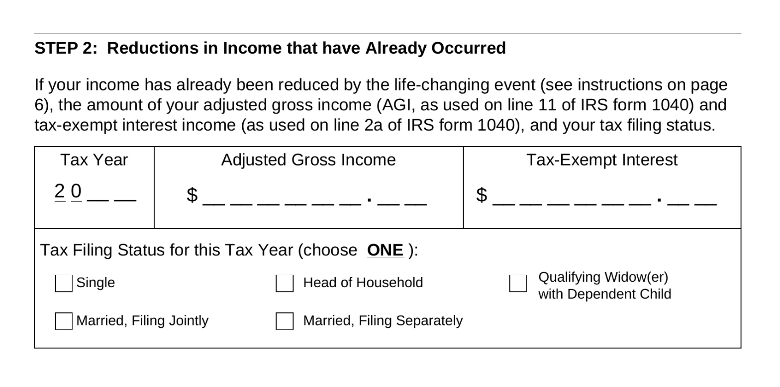 SSA-44 Step 2 tax year, adjusted gross income, tax-exempt interest and filing status fields