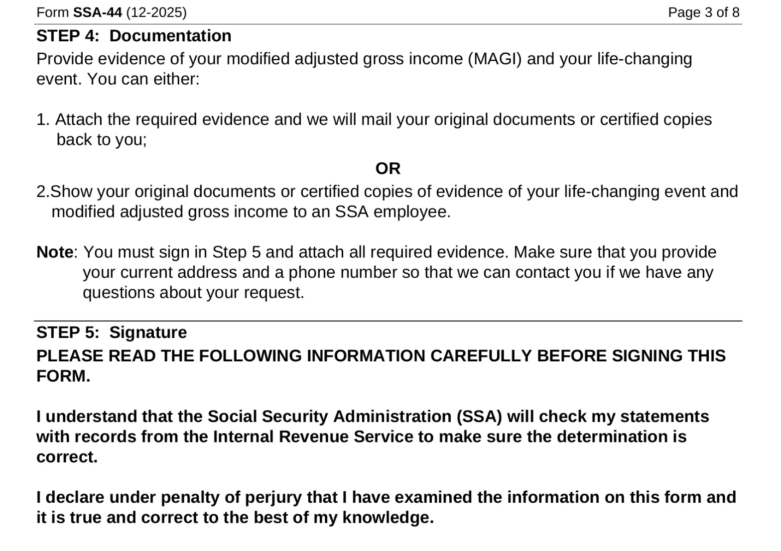 SSA-44 documentation options and signature declarations
