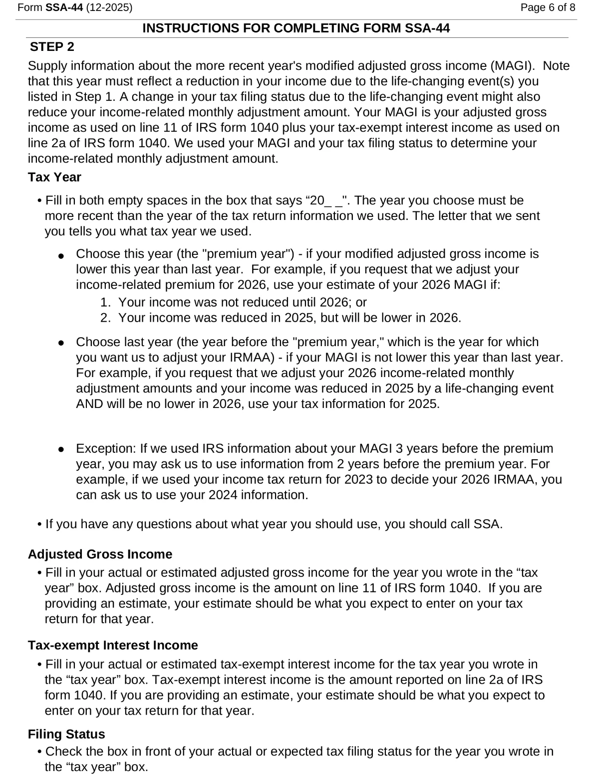 SSA-44 tax-year selection and MAGI guidance: AGI line 11 plus tax-exempt interest line 2a